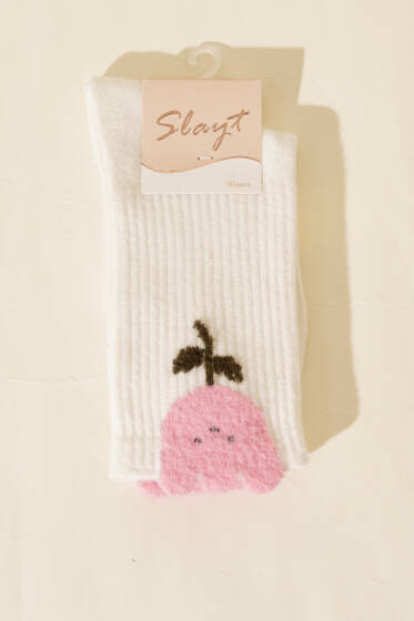 Gül Desenli Sakallı Soket Kadın Çorap Ekru - Soket Çorap
