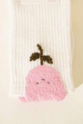 Gül Desenli Sakallı Soket Kadın Çorap Ekru - Soket Çorap