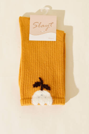 Gül Desenli Sakallı Soket Kadın Çorap Hardal - Soket Çorap