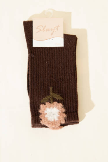 Gül Desenli Sakallı Soket Kadın Çorap Kahve - Soket Çorap