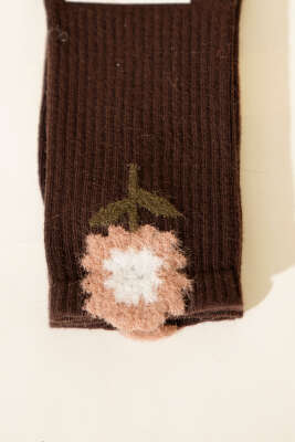 Gül Desenli Sakallı Soket Kadın Çorap Kahve - Soket Çorap