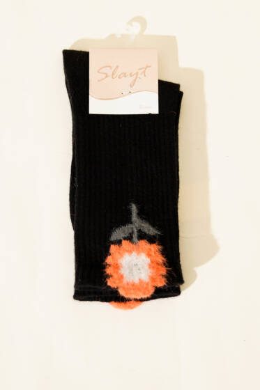 Gül Desenli Sakallı Soket Kadın Çorap Siyah - Soket Çorap