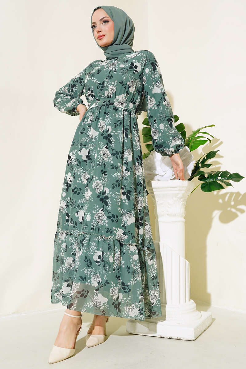 Gülsüm Aydın Gül Desenli Şifon Elbise Çağla Yeşili