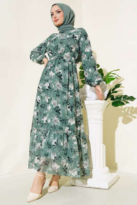 Gül Desenli Şifon Elbise Çağla Yeşili - Thumbnail