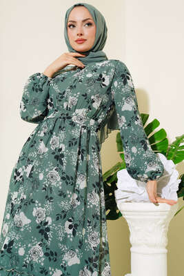Gül Desenli Şifon Elbise Çağla Yeşili - Thumbnail