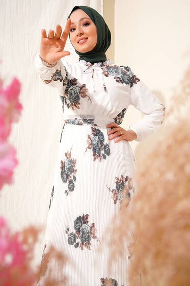 Gül Desenli Şifon Elbise Yeşil - Tesettür Elbise