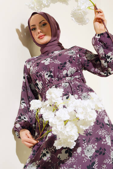 Gül Desenli Şifon Elbise Magenta - Elbise