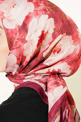 Gül Desenli Soft Eşarp Bordo - Başörtüsü