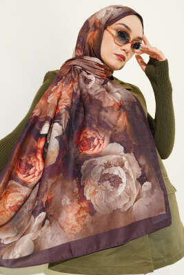 Gül Desenli Soft Şal Acı Kahve - Başörtüsü