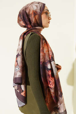 Gül Desenli Soft Şal Acı Kahve - Başörtüsü