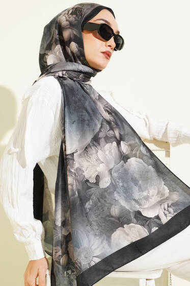 Gül Desenli Soft Şal Antrasit - Başörtüsü