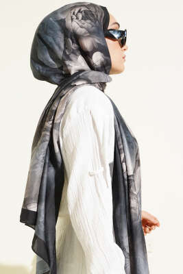 Gül Desenli Soft Şal Antrasit - Başörtüsü