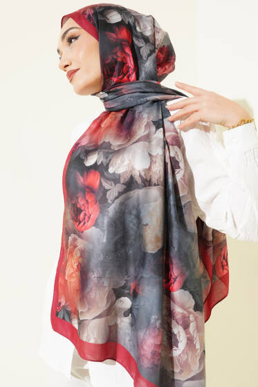 Gül Desenli Soft Şal Bordo - Başörtüsü