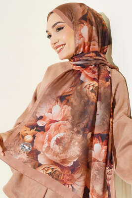 Gül Desenli Soft Şal Camel - Başörtüsü