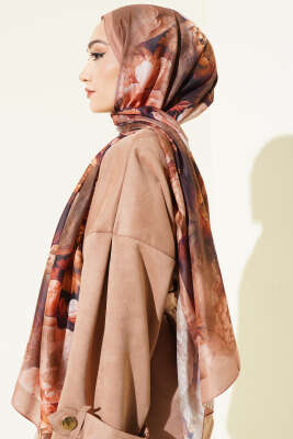 Gül Desenli Soft Şal Camel - Başörtüsü