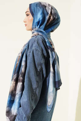 Gül Desenli Soft Şal Lacivert - Başörtüsü