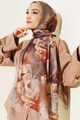 Gül Desenli Soft Şal Latte - Başörtüsü