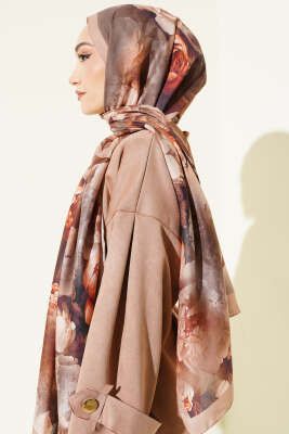 Gül Desenli Soft Şal Latte - Başörtüsü