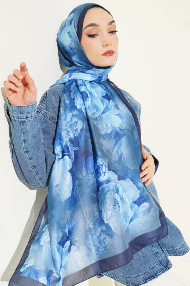 Gül Desenli Soft Şal Mavi - Başörtüsü
