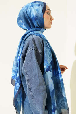 Gül Desenli Soft Şal Mavi - Başörtüsü