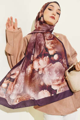 Gül Desenli Soft Şal Mürdüm - MODA KAPRİS