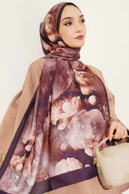 Gül Desenli Soft Şal Mürdüm - Başörtüsü
