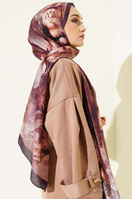 Gül Desenli Soft Şal Mürdüm - Başörtüsü