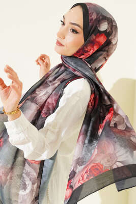 Gül Desenli Soft Şal Siyah - MODA KAPRİS