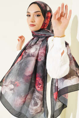 Gül Desenli Soft Şal Siyah - Başörtüsü