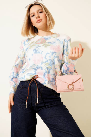 Gül Desenli Triko Kazak Mavi - Kadın Giyim Modelleri