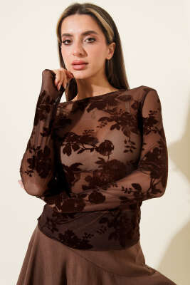 Gül Desenli Tül Bluz Kahve - Kadın Giyim Modelleri