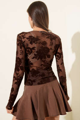 Gül Desenli Tül Bluz Kahve - Kadın Giyim Modelleri