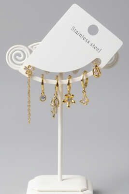 Gül Detaylı 6'lı Kombin Küpe Seti Gold - KONYALI BİJUTERİ