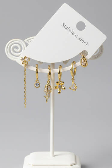 Gül Detaylı 6'lı Kombin Küpe Seti Gold - Küpe