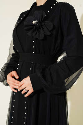 Gül Detaylı Abaya Siyah - Tesettür Elbise