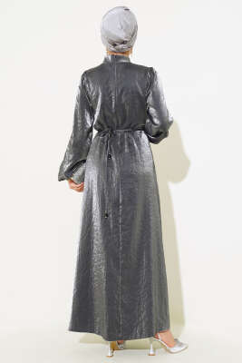 Gül Detaylı Parlak Elbise Füme - Tesettür Elbise