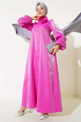 Gül Detaylı Parlak Elbise Fuşya - SEYLAN