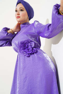 Gül Detaylı Parlak Elbise Lila - Tesettür Elbise