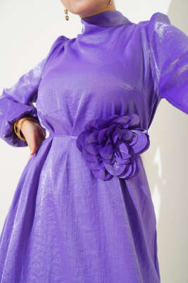 Gül Detaylı Parlak Elbise Lila - Tesettür Elbise