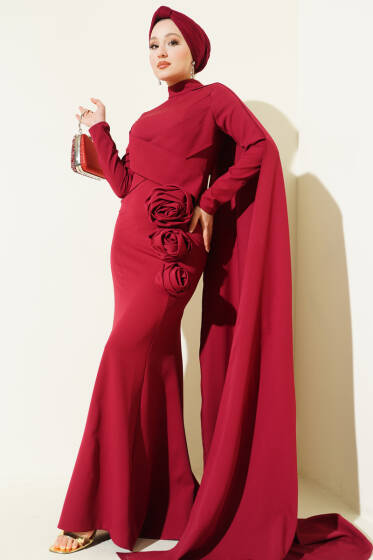 Gül Detaylı Pelerinli Abiye Elbise Bordo - Elbise