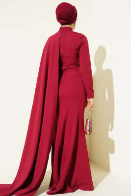 Gül Detaylı Pelerinli Abiye Elbise Bordo - Elbise