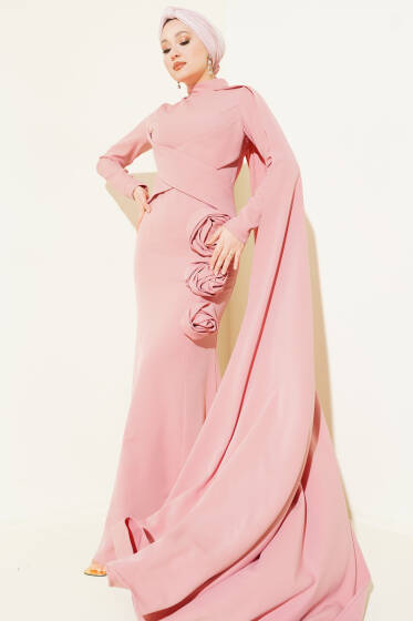 Gül Detaylı Pelerinli Abiye Elbise Pudra - Elbise
