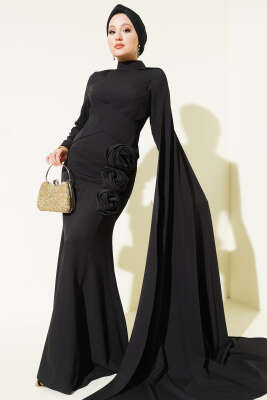 Gül Detaylı Pelerinli Abiye Elbise Siyah - CNR TEKSTİL
