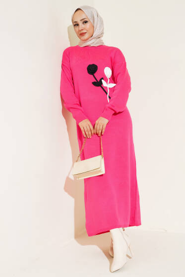 Gül Detaylı Triko Elbise Fuşya - Elbise