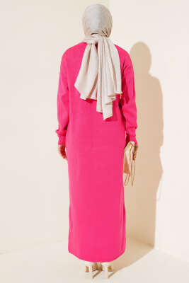 Gül Detaylı Triko Elbise Fuşya - Tesettür Elbise