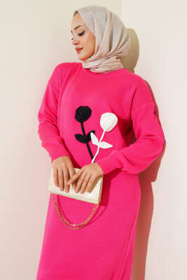 Gül Detaylı Triko Elbise Fuşya - Tesettür Elbise