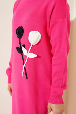 Gül Detaylı Triko Elbise Fuşya - Tesettür Elbise