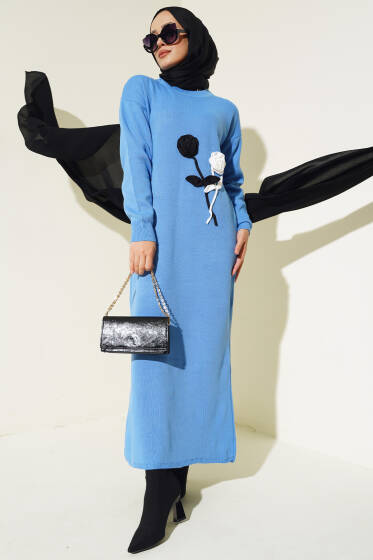 Gül Detaylı Triko Elbise İndigo - Elbise