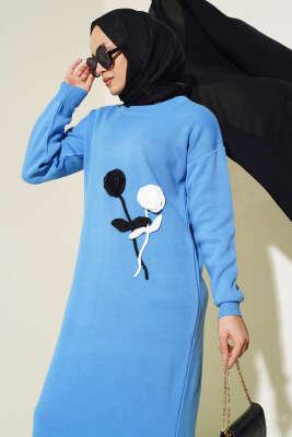 Gül Detaylı Triko Elbise İndigo - Tesettür Elbise