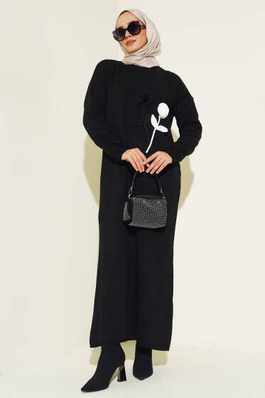 Gül Detaylı Triko Elbise Siyah - Elbise